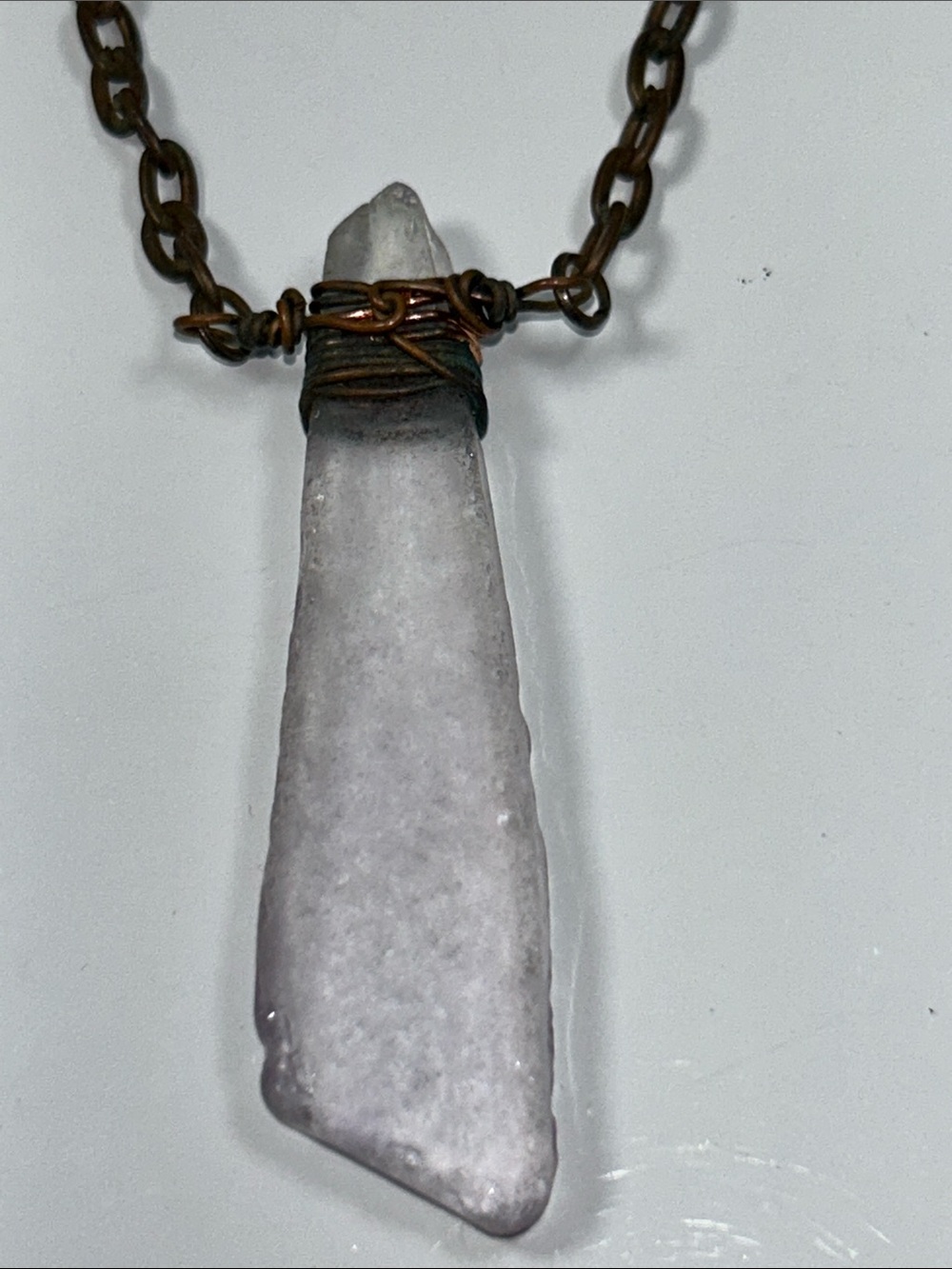 Artisan Handmade Wire Wrapped Blue Sea Glass Pendant On Solid Copper Chain